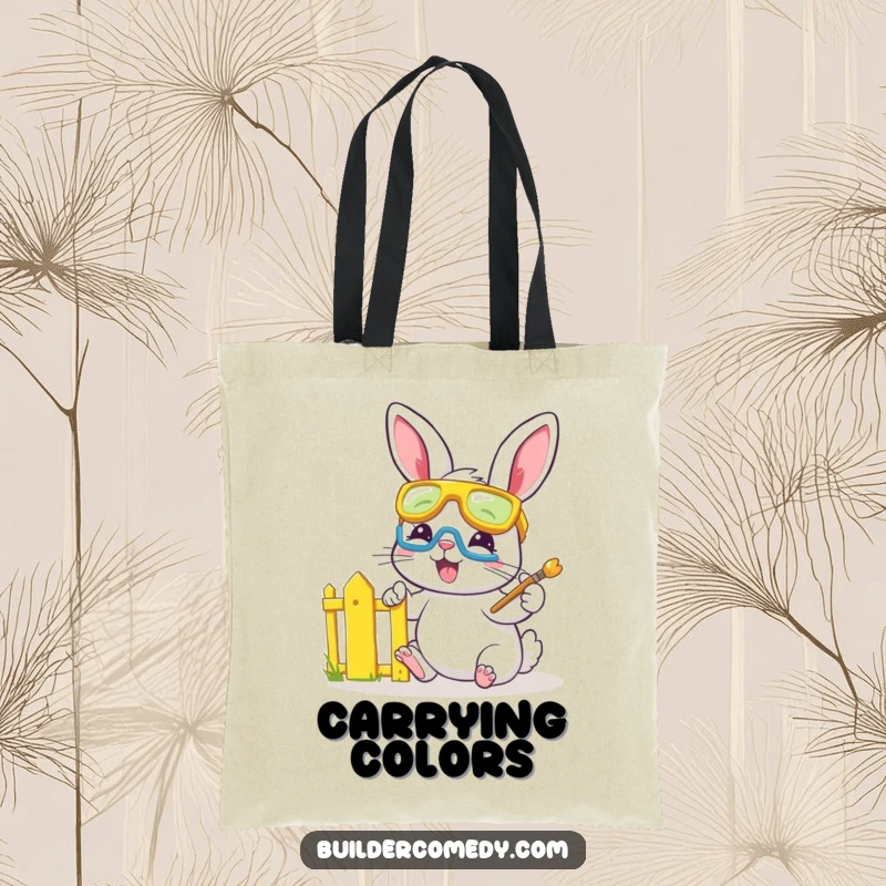 Funny bunny with goggles painting a fence, cute tote bag for art lovers.