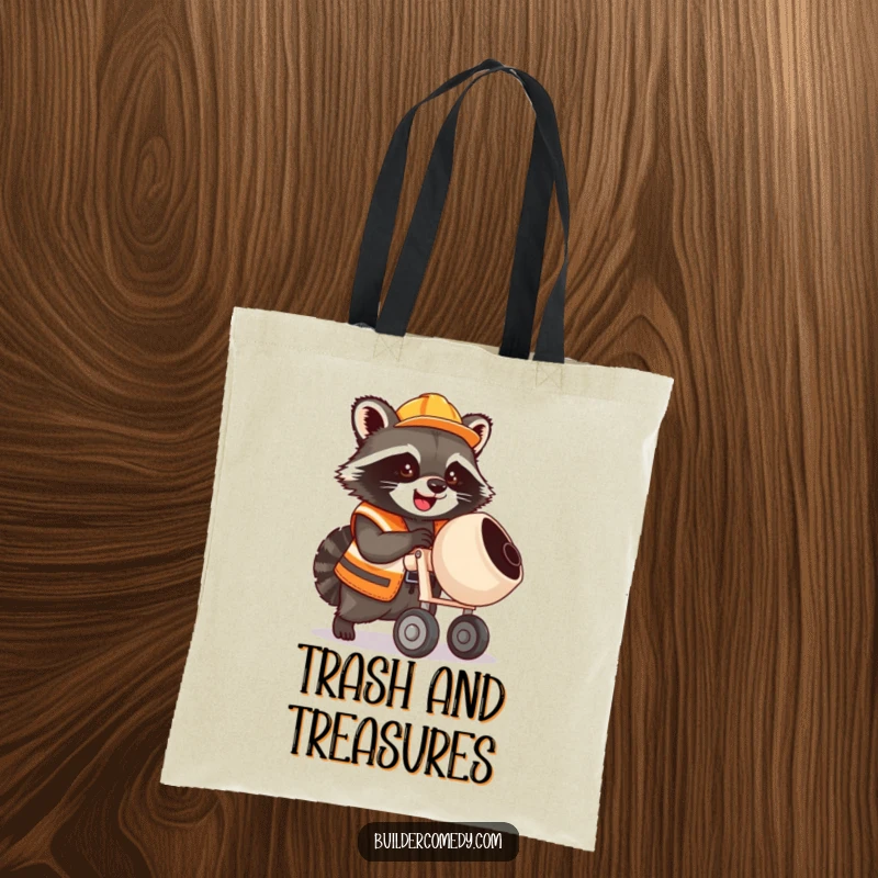 Funny raccoon in construction vest mixing cement, cute tote bag for construction fans.